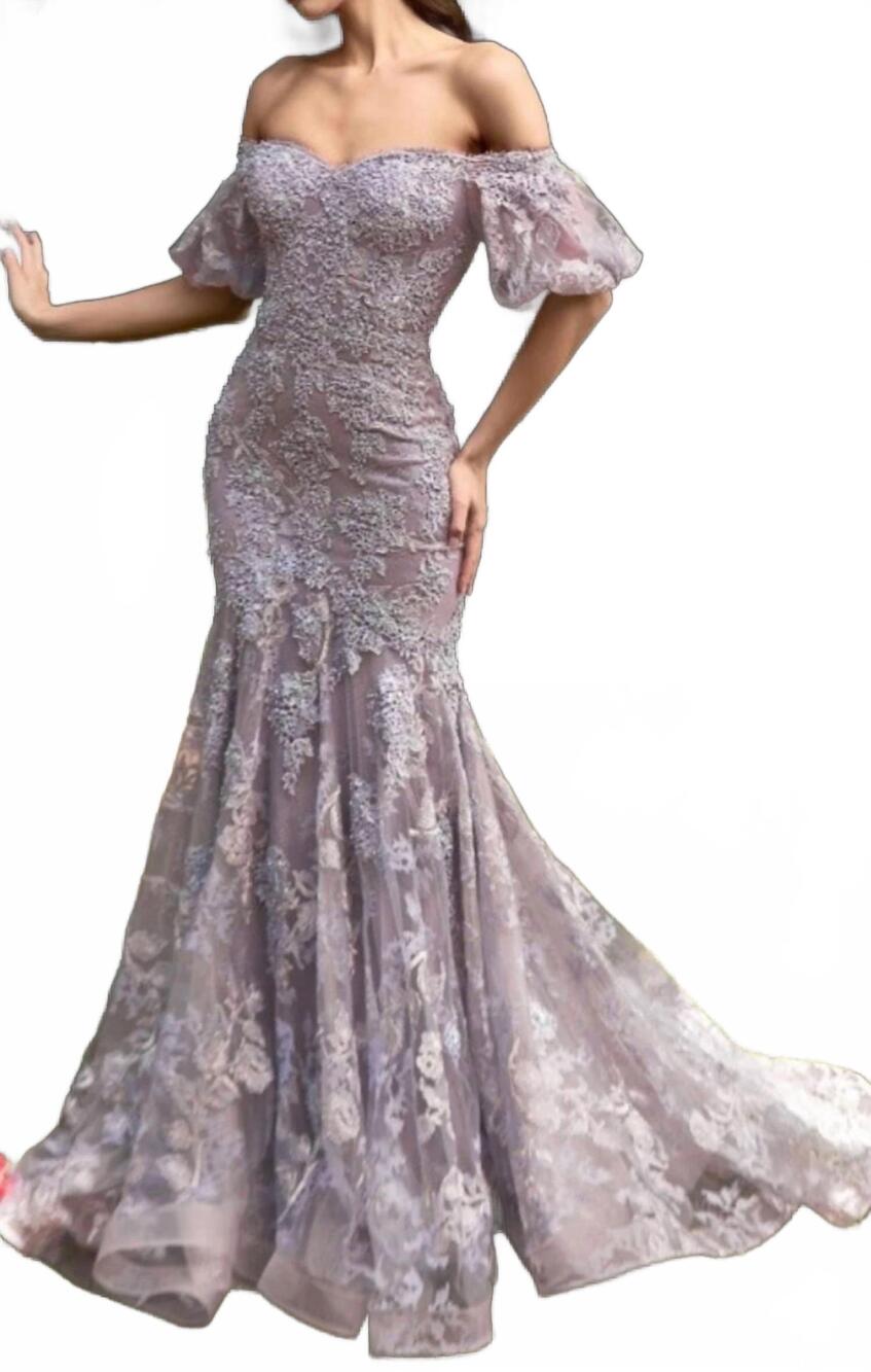 NEW CINDERELLA DIVINE off the shoulder mermaid lace gown in lilac